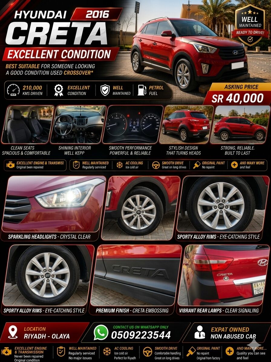 Riyadh, Vehicles, Cars & Trucks , SAR 40000,  Hyundai Creta,  2016,  Automatic,  210000 KM,   Creta  In Excellent Condition