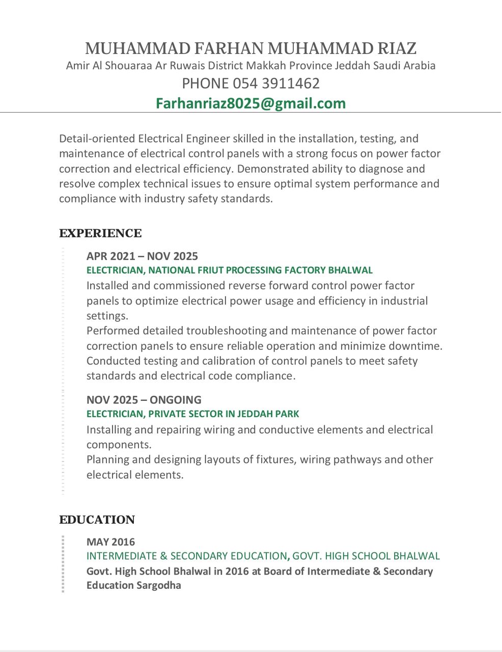 Jeddah, Job Seekers, Electrical Technician