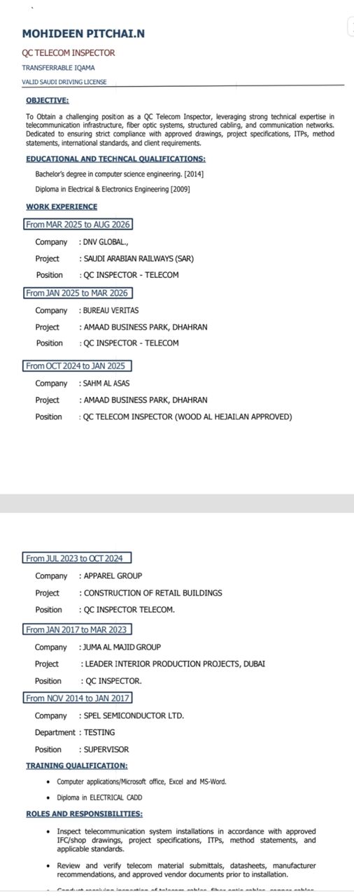 Dammam, Job Seekers, Telecom QC Inspector