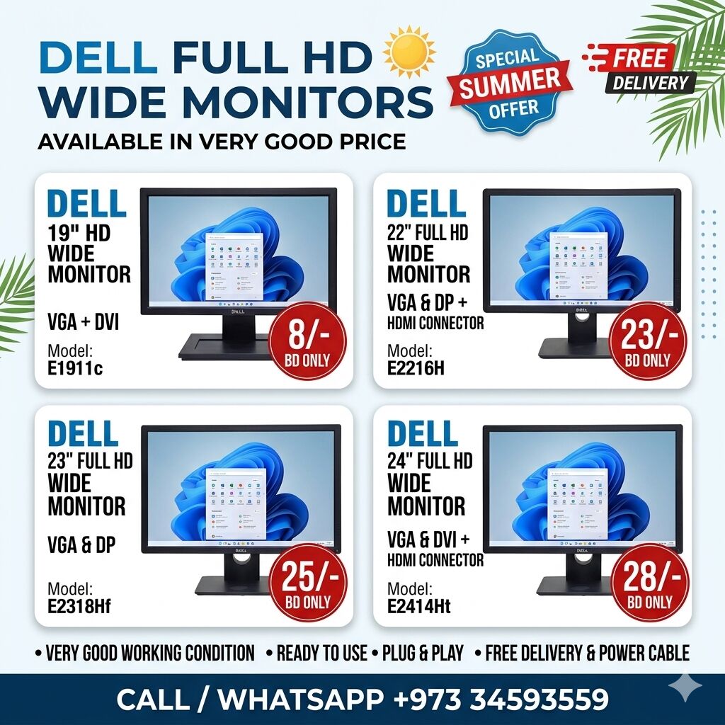 Muharraq, Electronics, BHD 8,  Branded DELL 19",22", 23" And 24" Full HD Wide Monitors Available Very Good Price 36431340