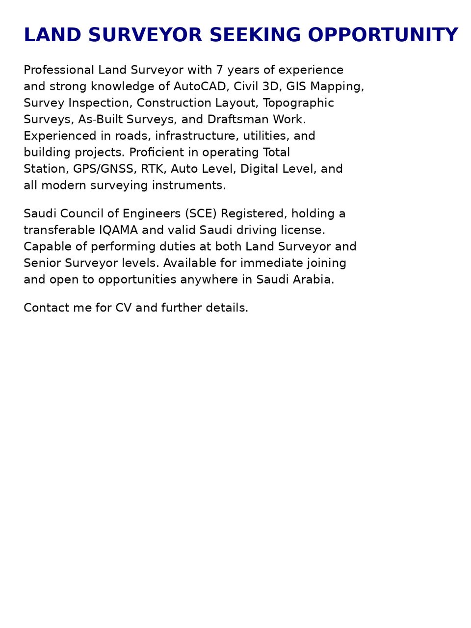 Riyadh, Job Seekers, Land Surveyor | AutoCAD, Civil 3D, GIS & Survey Inspection Expert