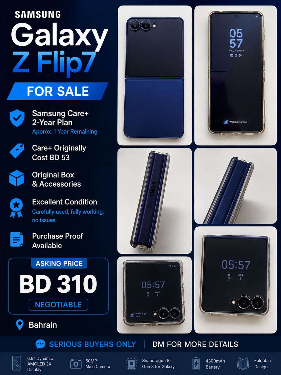 Manama, Electronics, BHD 310,  Samsung Galaxy Z Flip 7 256GB With Samsung Care+
