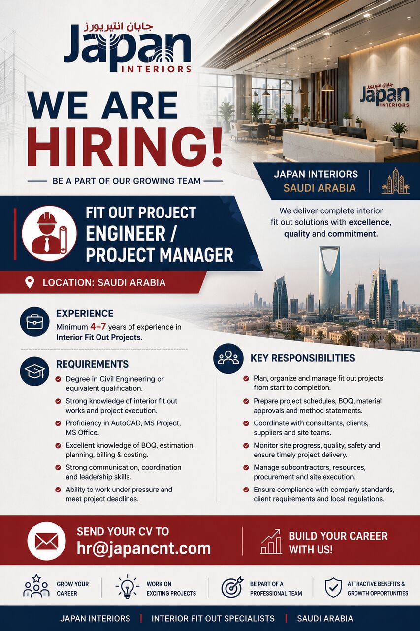 Jeddah, Jobs, WE ARE HIRING - FIT-OUT PROJECT ENGINEER / PROJECT MANAGER &ndash; SAUDI ARABIA