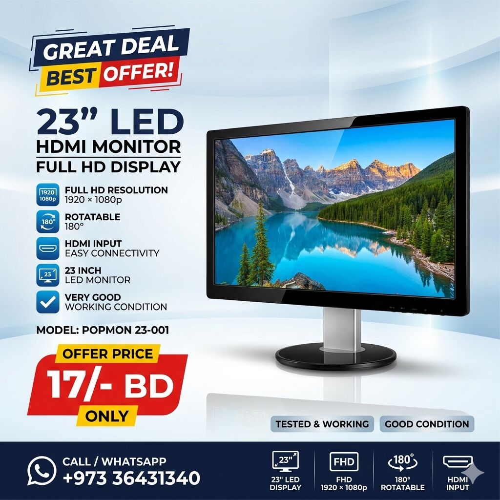 Muharraq, Electronics, BHD 17,  Special Offer 23" LED HDMI Monitor Full HD 180* Rotatable Only In 17-BD WhatsApp 36431340