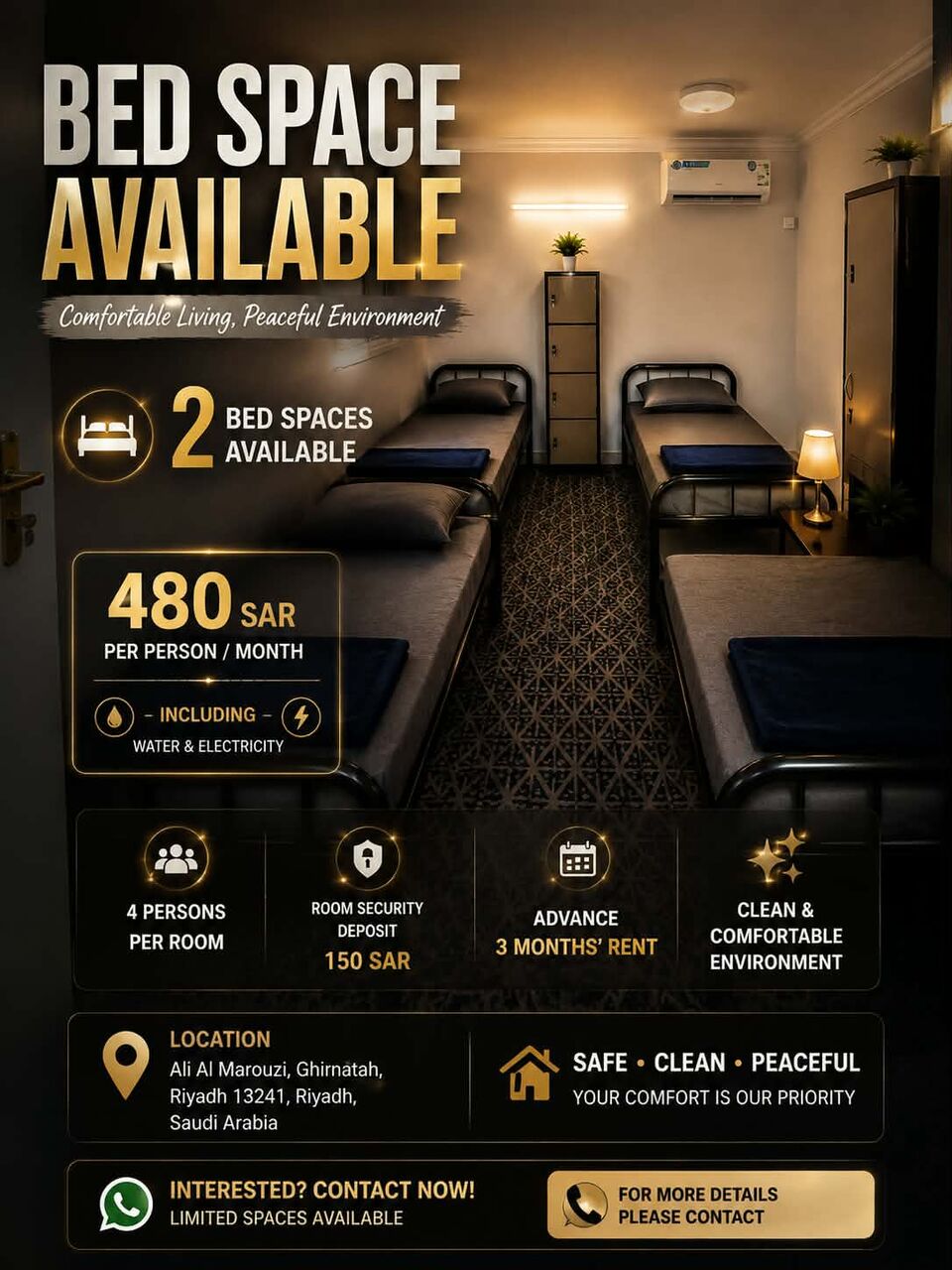 Ghirnatah, Bedspace For Rent, SAR 480/month,  300 Sq. Meter,  Bedspace Available, Ghirnatah, Riyadh 13241, Saudi Arabia
