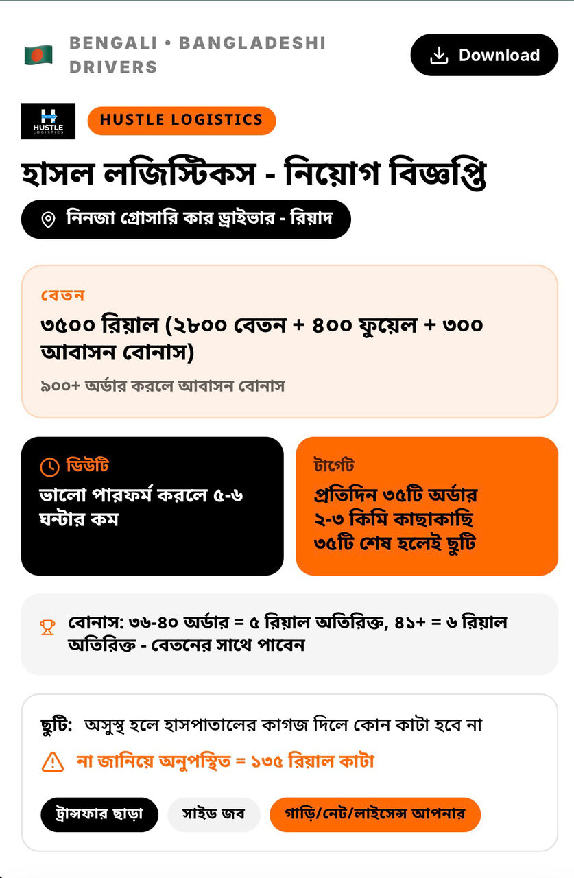 Riyadh, Jobs, ড্রাইভার প্রয়োজন - HUSTLE LOGISTICS - ৫-৬ ঘন্টার কম ডিউটি - ৩