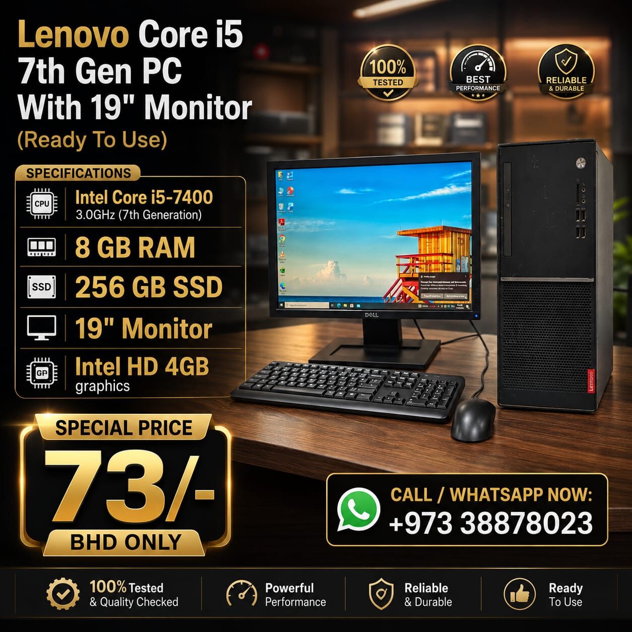 Manama, Computers, BHD 73,  Lenovo Core I5 7th Gen 3.0Ghz 8GB RAM 256GB SSD 19" Monitor Computer Set Ready To Use