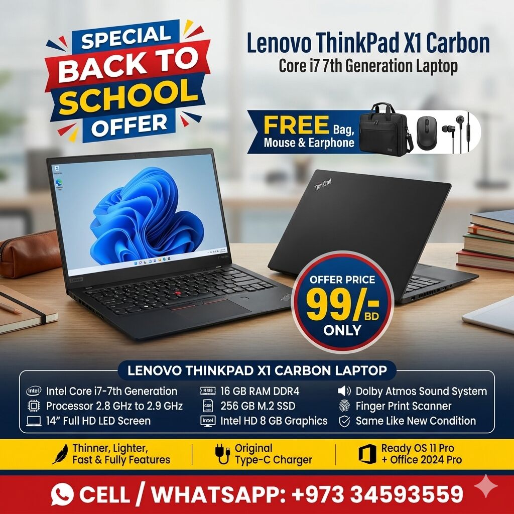 Muharraq, Electronics, BHD 99,  Offer LENOVO ThinkPad X1 Carbon Core I7 7th Generation Laptop 16GB DDR4 RAM 14" FHD Screen