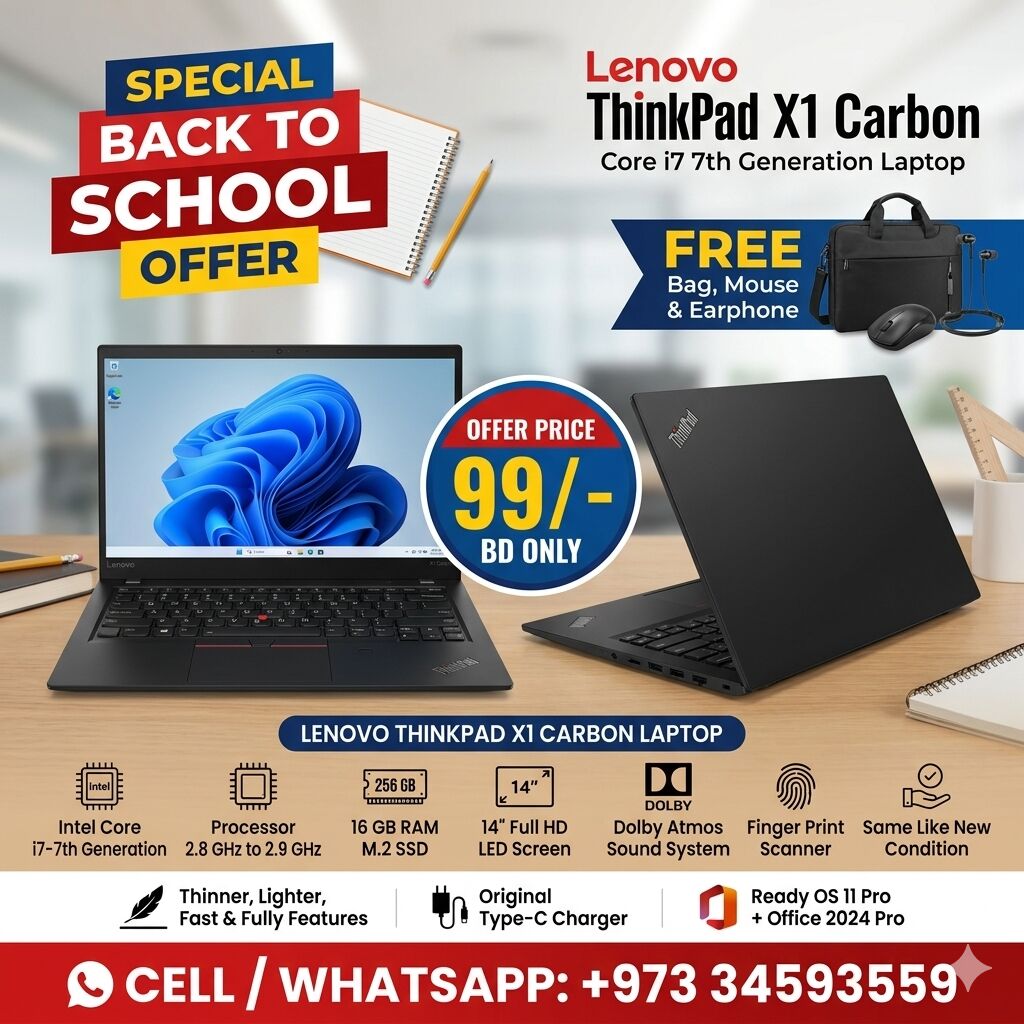 Isa Town, Computers, BHD 99,  Offer LENOVO ThinkPad X1 Carbon Core I7 7th Generation Laptop 16GB DDR4 RAM 14" FHD Screen