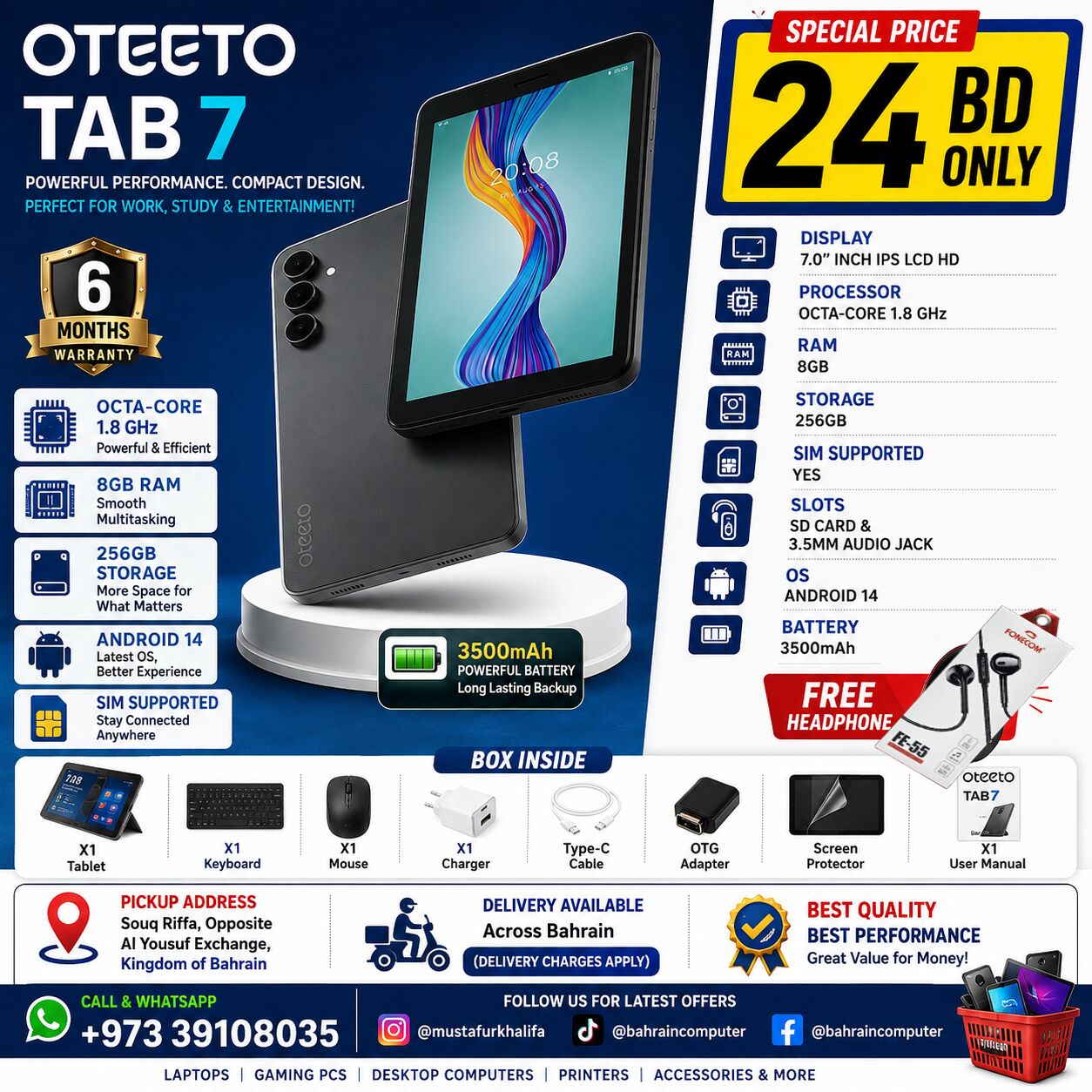 Riffa, Tablet Computers, BHD 24,  OTEETO TAB 7 Octa-core 1.8 GHz 8GB + 256 GB With 6 Month Warranty 24 BD Only
