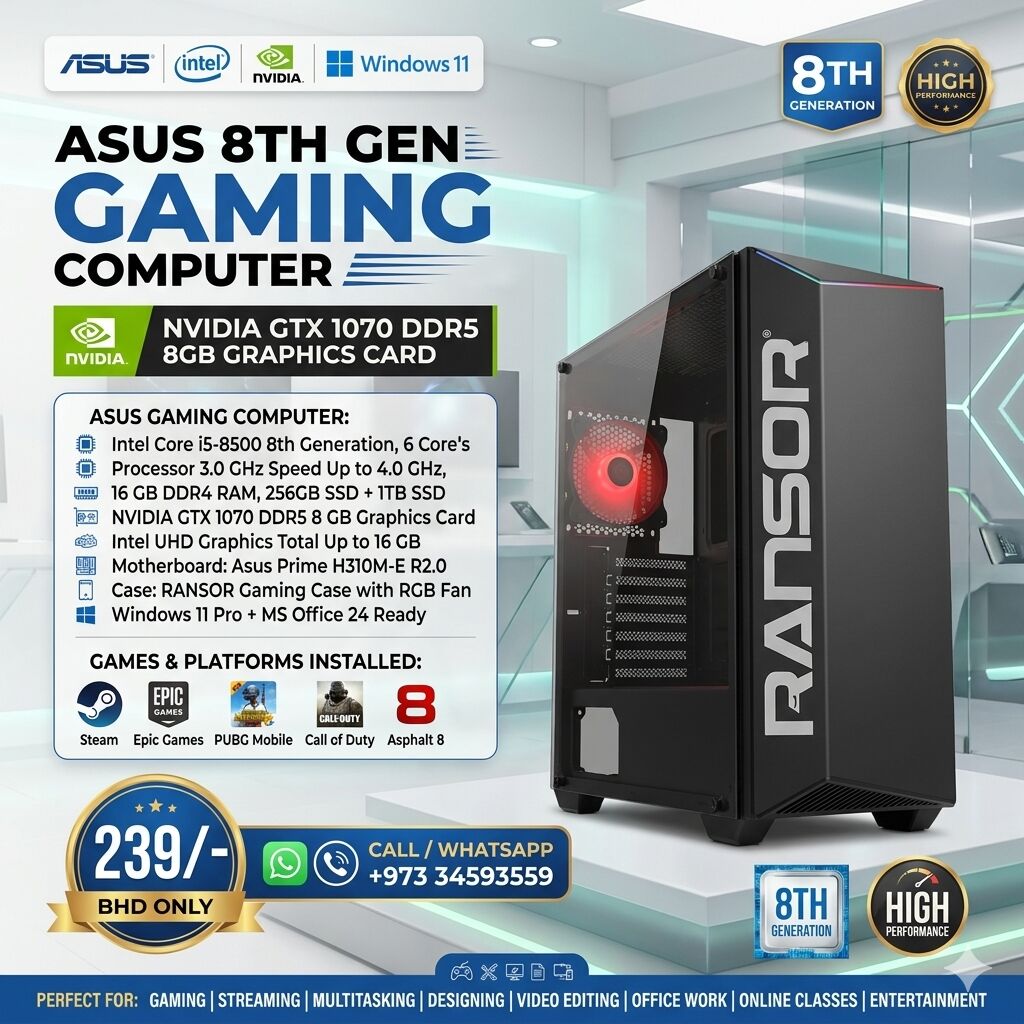 Muharraq, Electronics, BHD 239,  ASUS Core I5 8th Generation Gaming PC NVidia GTX 1070 8GB Graphics Card 16 GB DDR4 RAM 345