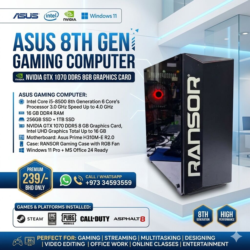 Isa Town, Computers, BHD 239,  ASUS Core I5 8th Generation Gaming PC NVidia GTX 1070 8GB Graphics Card 16 GB DDR4 RAM