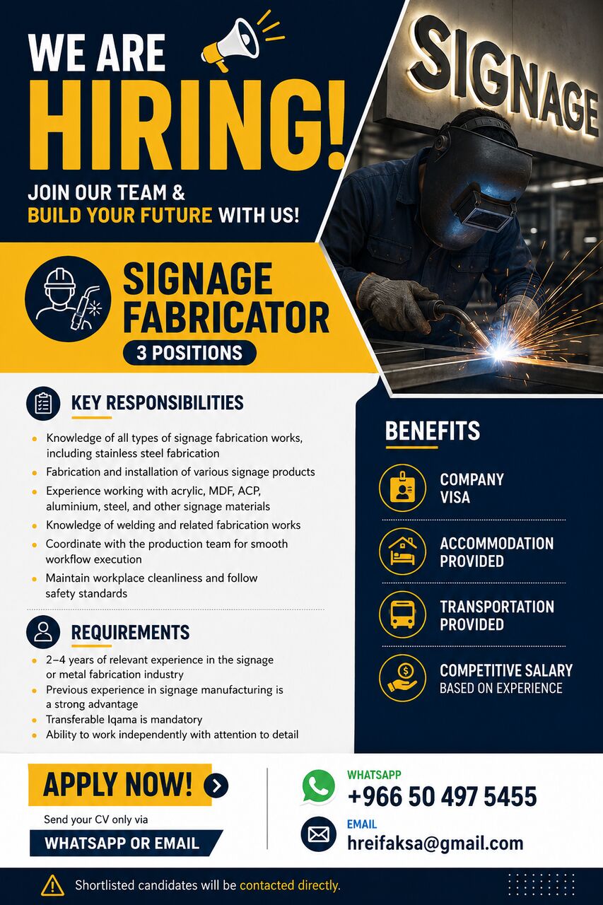 Riyadh, Jobs, SIGNAGE FABRICATORS