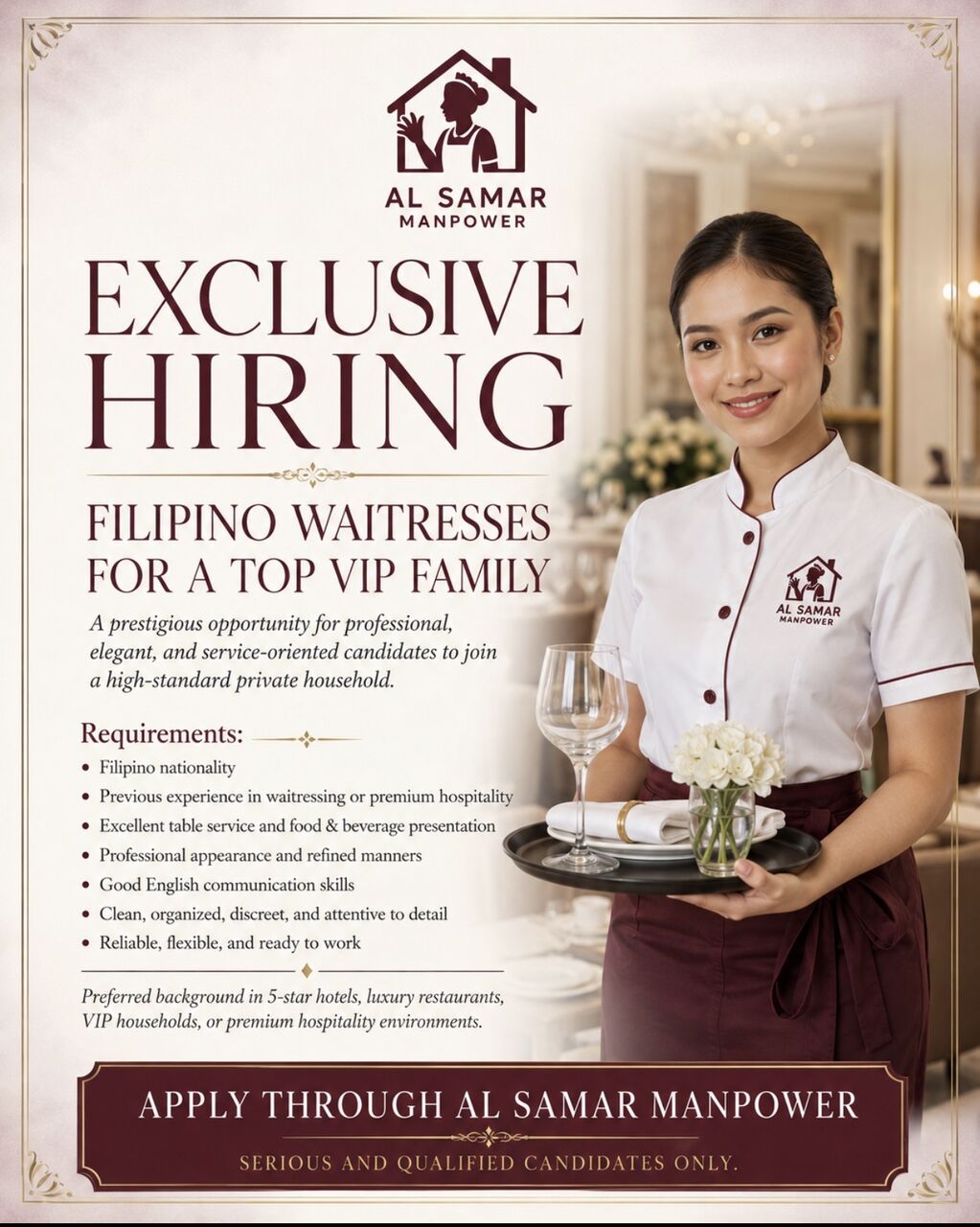 Manama, Jobs, EXCLUSIVE OPPORTUNITY &ndash; VIP FAMILY WAITRESS