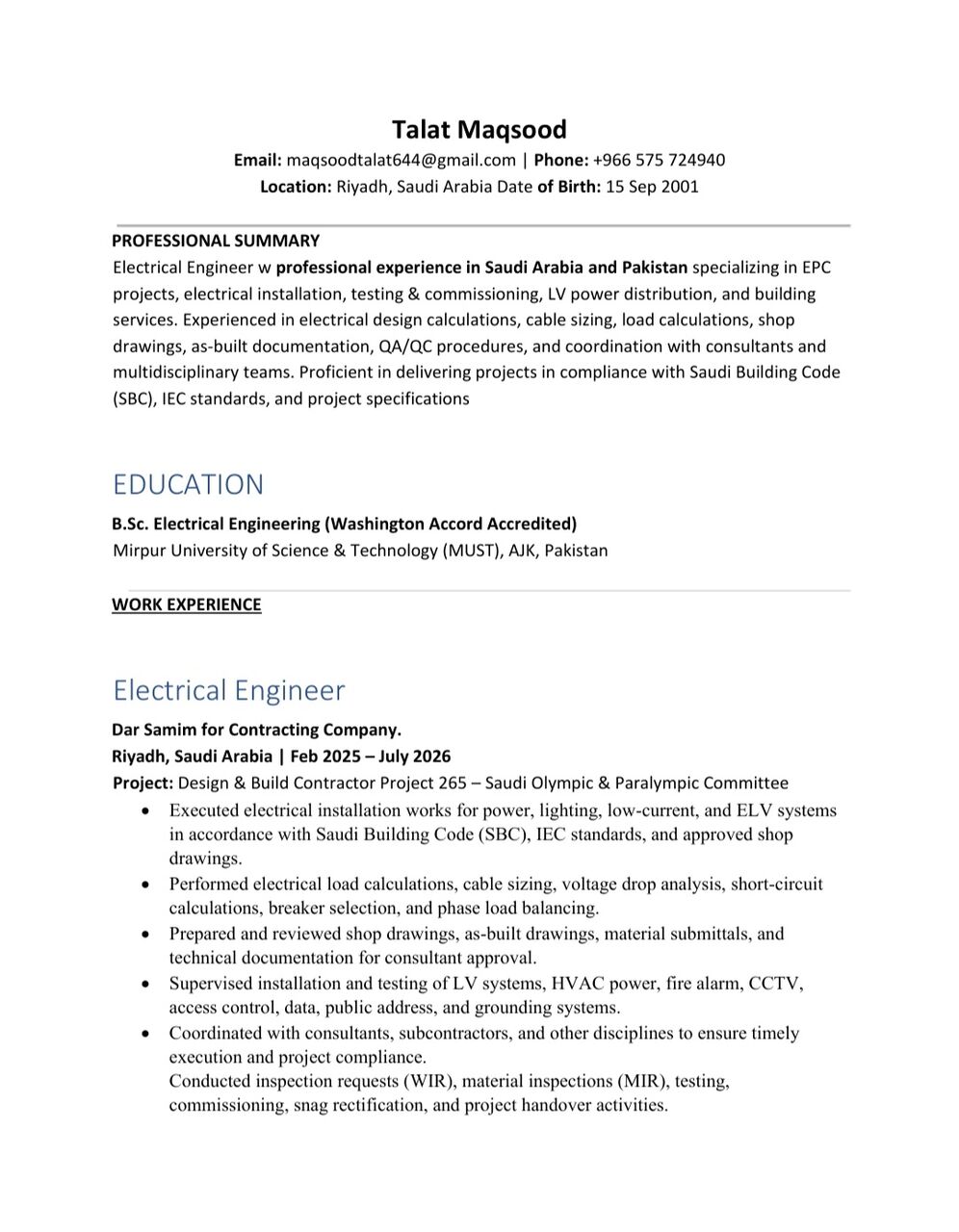 Riyadh, Job Seekers, Electrical Engineer