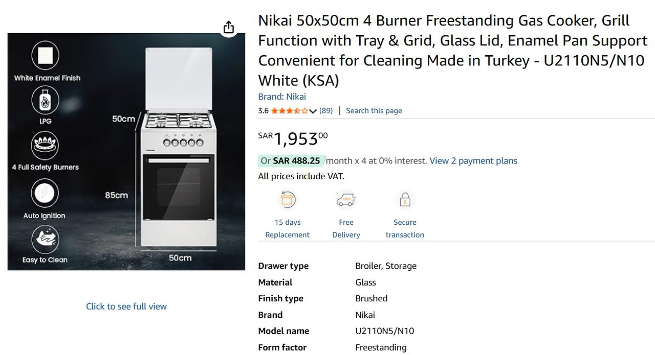 Al Sharafeyah, Household Items, SAR 599,  Urgent Sale..Nikai 4-Burner Gas Cooking Range With Oven And Grill Capabilities