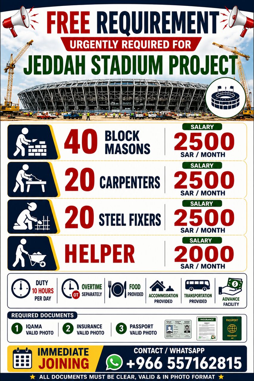 Jeddah, Jobs, Steel Fixer, Carpenter, Masons Required | PROJECT 🏟️ | IMMEDIATE JOINING | 10 HOURS DUTY