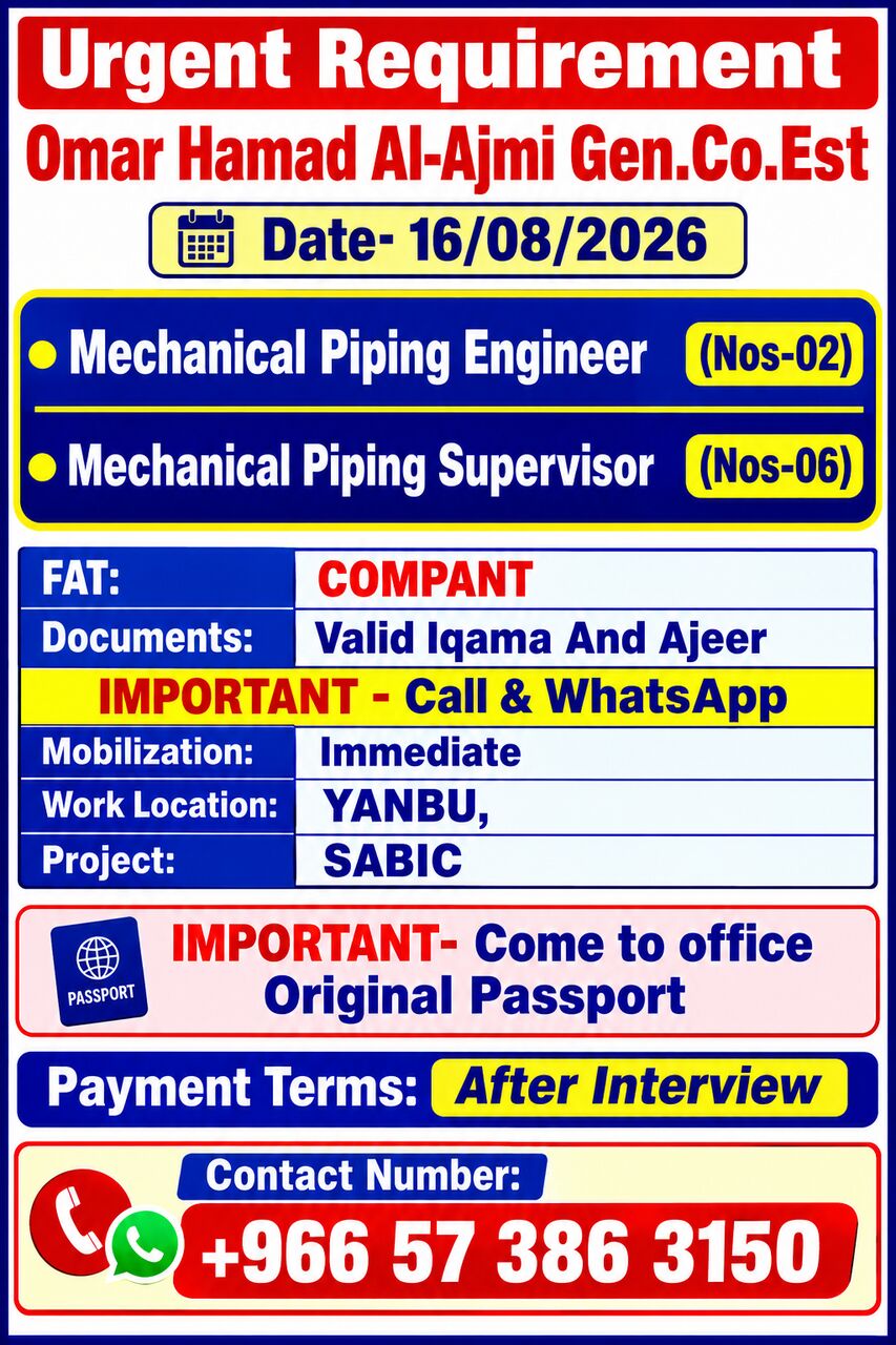 Jubail, Jobs, Mechanical Piping Engineer (Nos -02), Piping Supervisor (Nos-06)