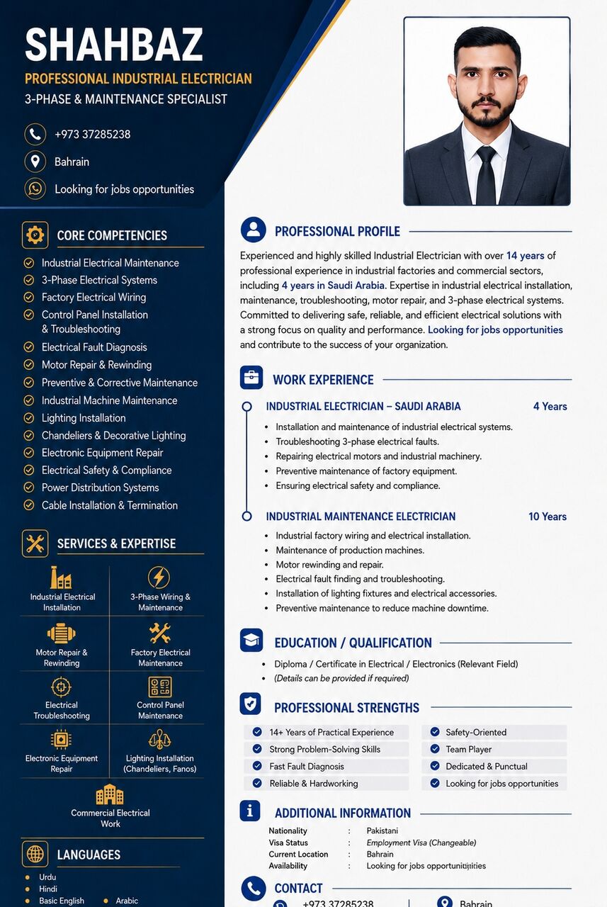 Manama, Appliance Repair, ​Professional Industrial Electrician Shahbaz – 3-Phase & Maintenance Specialist ​