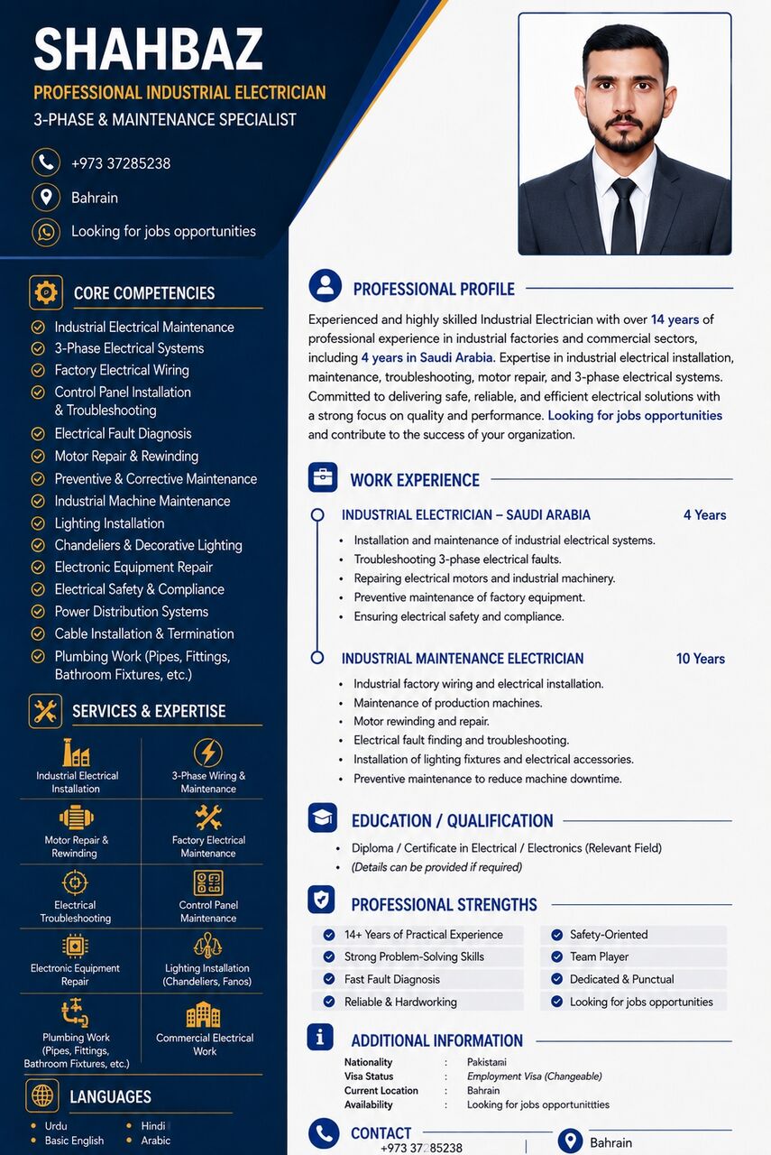 Manama, Construction, Shahbaz | Senior Industrial Electrician & Plumbing Specialist