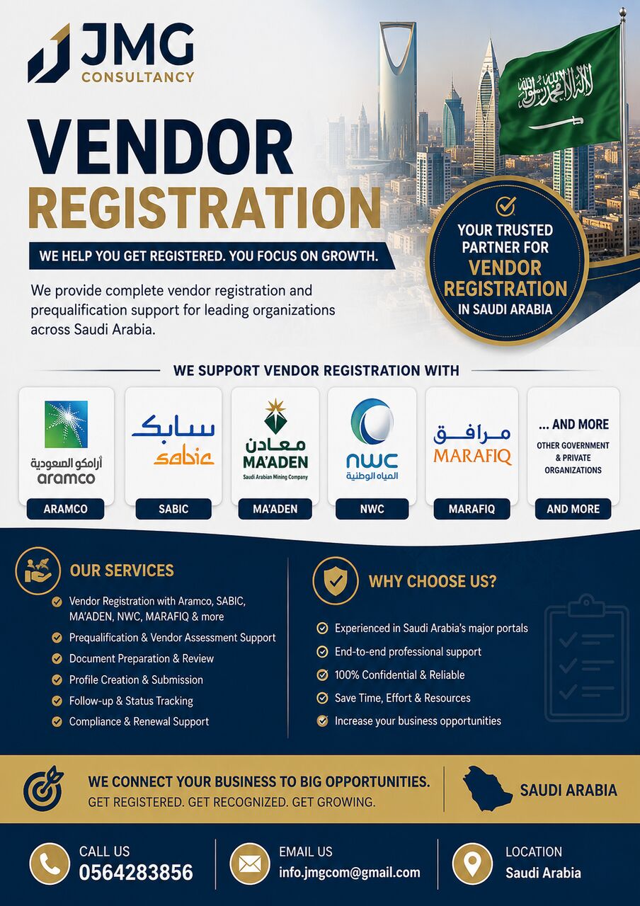 Riyadh, Business Partners, Vendor Registration Service (Aramco, Sabic, Maaden, NWC & Others)