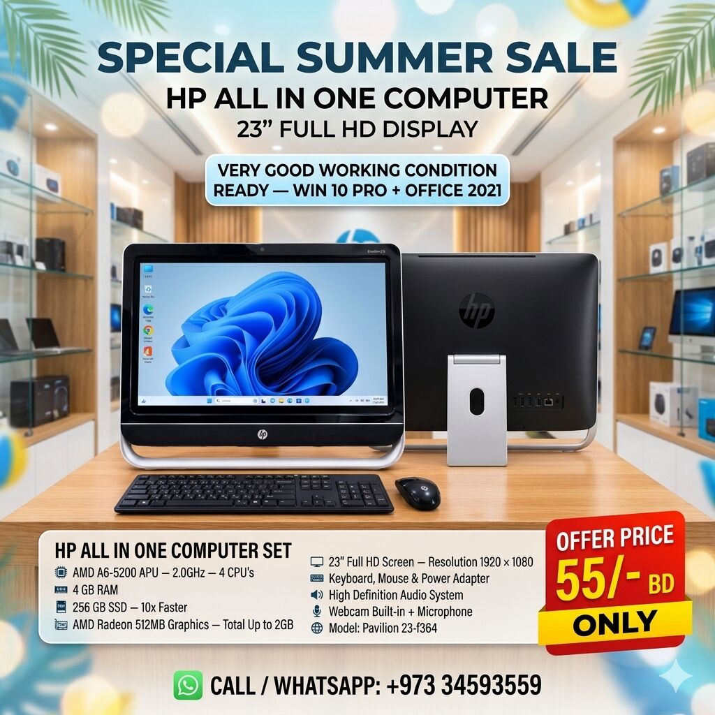 Muharraq, Electronics, BHD 55,  Special Offer HP AMD A6 All In One Computer 23" FHD Display Radeon Graphics Card 256GB SSD
