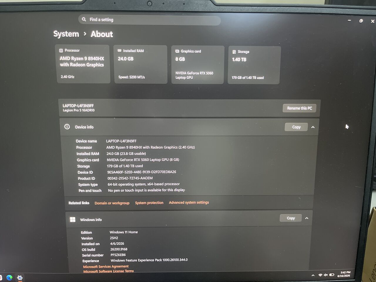 Al Sulaymaniyyah, Computers, SAR 7000,  Lenovo Legion 5 Pro (R9 8940HX/RTX 5060 8GB/ 24GB DDR5/ 1TB Nvme Ssd)