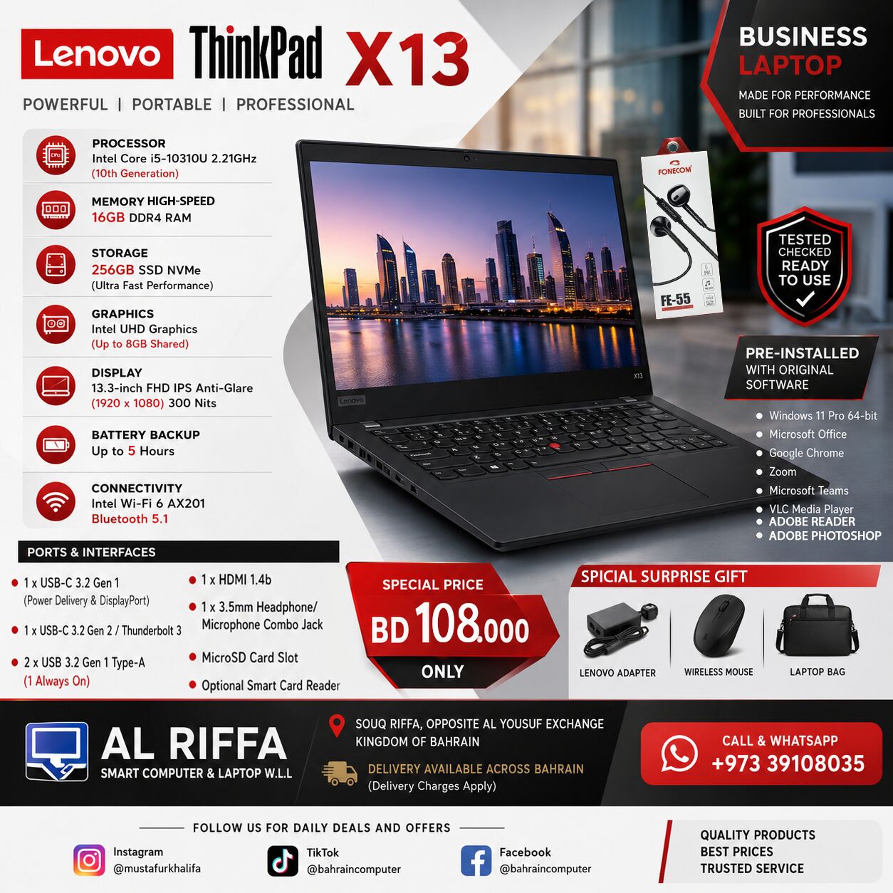 Riffa, Computers, BHD 108,  Lenovo ThinkPad X13 Business Laptop | Core I5 10th Gen | BD 108