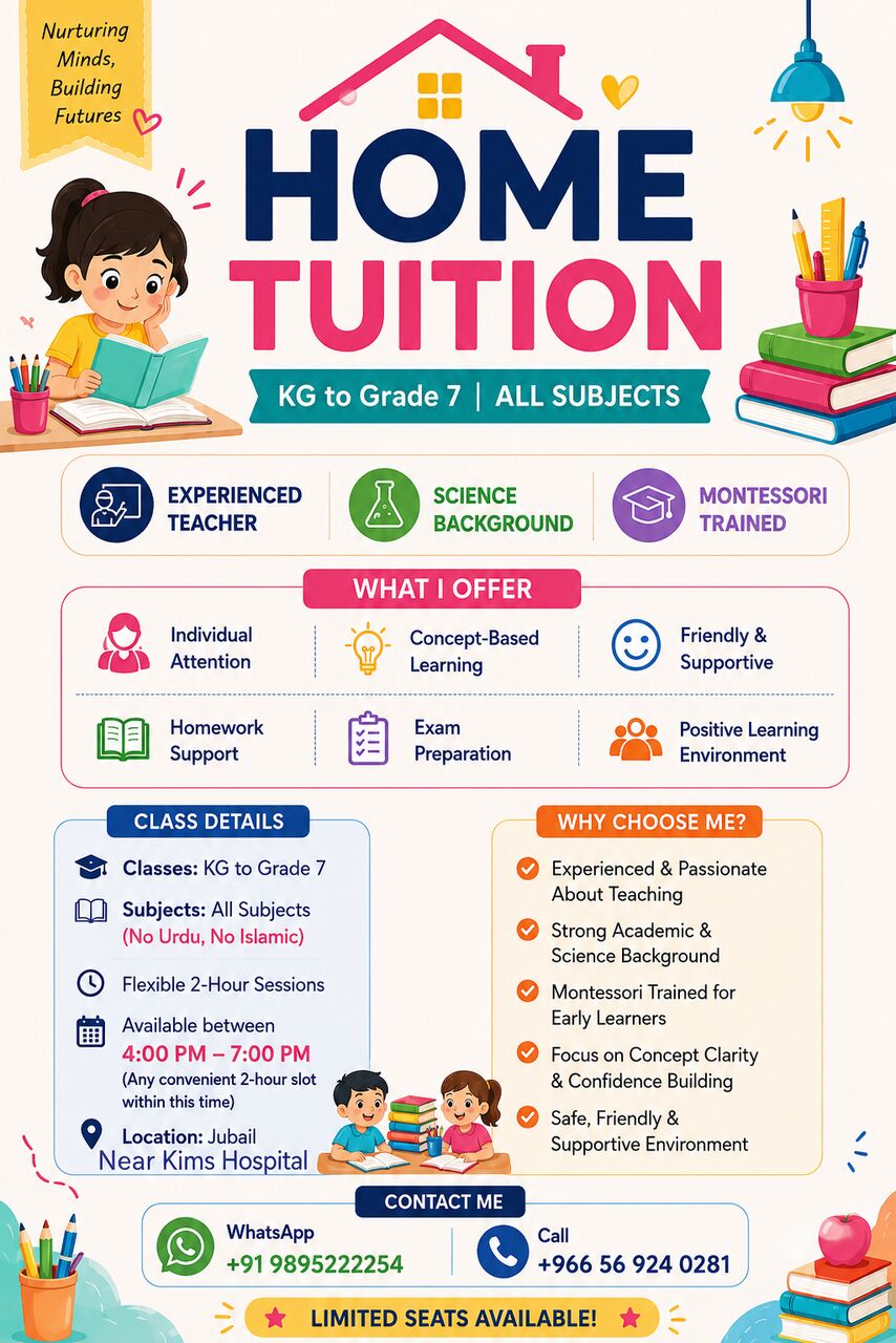Jubail, Lessons Offered, Tuition For All Subjects From Kg To Grade 7