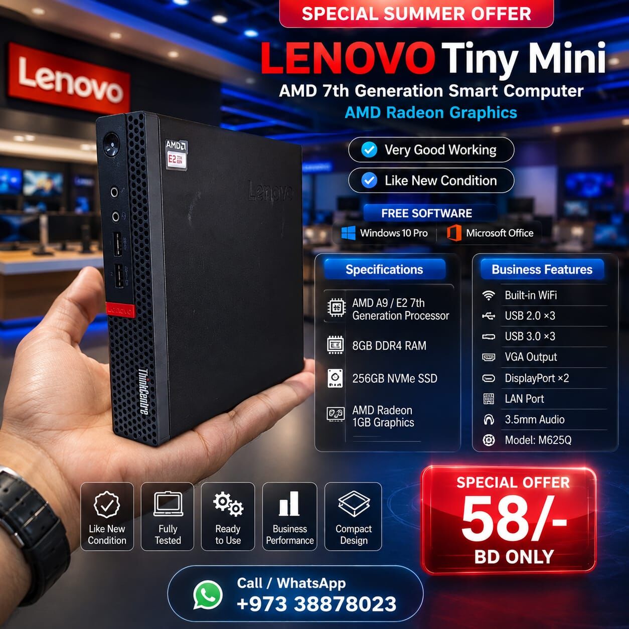 Manama, Computers, BHD 58,  Lenovo Tiny Mini PC AMD 7th Gen RAM 8GB SSD 256GB M.2 AMD Graphics Built-in WIFI Bluetooth