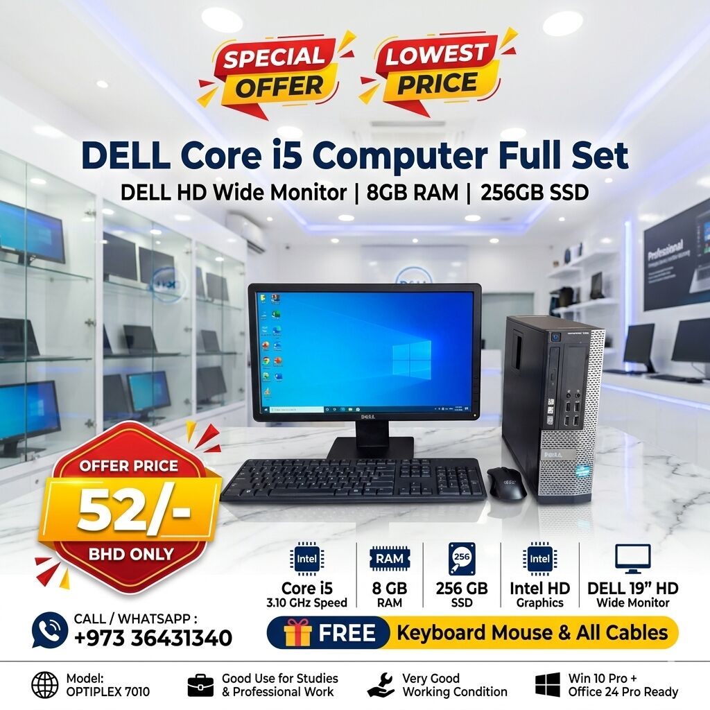Isa Town, Computers, BHD 52,  Special Offer DELL Intel Core I5 Computer Full Set DELL 19" HD Monitor 8GB RAM + 256GB SSD
