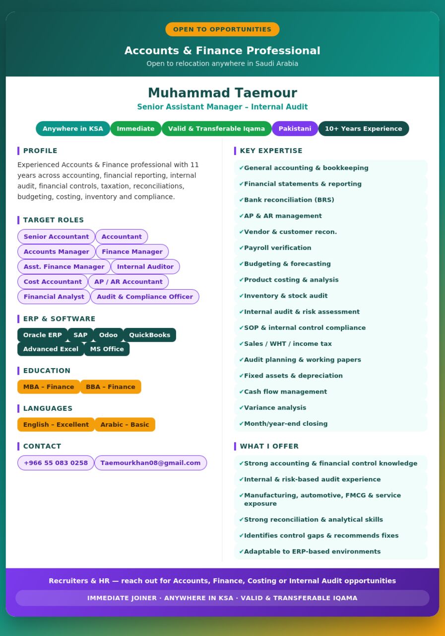 Riyadh, Job Seekers, Looking For Job As Senior Accountant/General Accountant/Internal Auditor Position