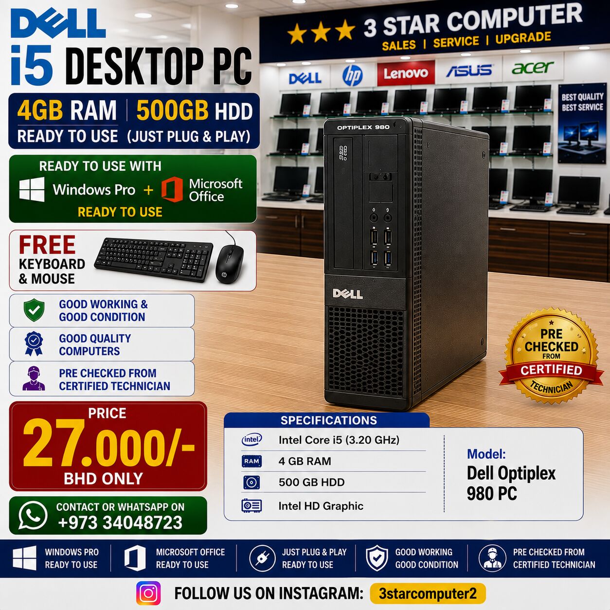 Manama, Computers, BHD 27,  DELL I5 Computer 4GB Ram 500GB HDD Win & Office Ready To Use FREE Keyboard & Mouse