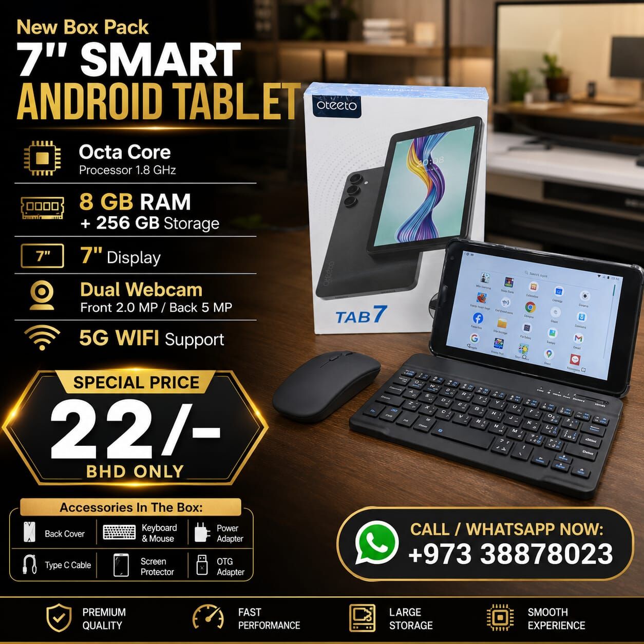 Manama, Computers, BHD 22,  New 7" Smart Android Tablet 8GB RAM + 256GB Storage FREE Cover, Keyboard & Mouse