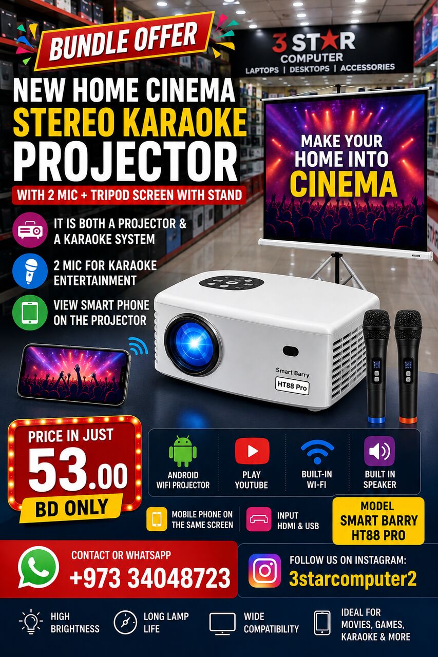Manama, Computers, BHD 53,  Bundle Offer New Home Cinema Stereo Karaoke Projector With 2 Mic+Tripod Screen With Stand
