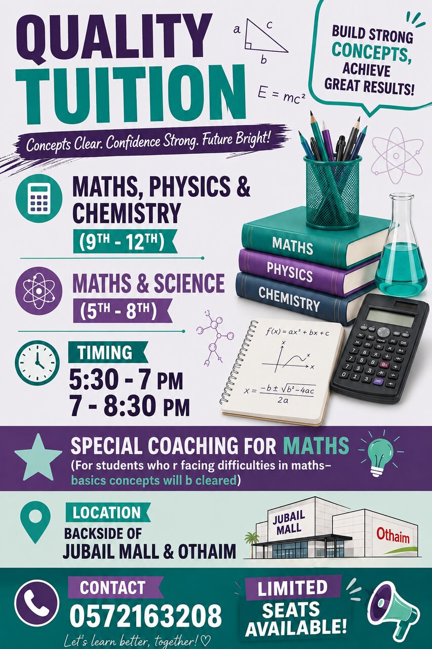 Jubail, Education, Tuition For Maths & Science Subjects