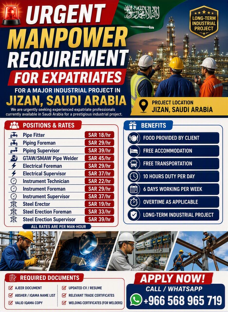 Jizan, Jobs, 🚨🔥 URGENT MANPOWER REQUIREMENT FOR EXPATRIATES – JIZAN, SAUDI ARABIA 🚨