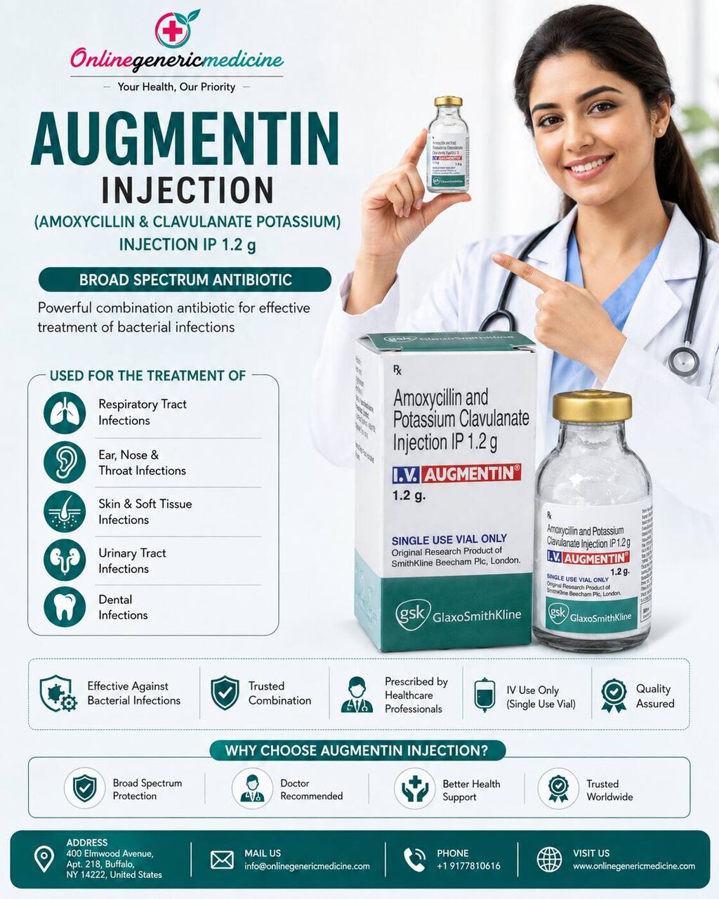 New York, Health & Beauty Items, USD 15,  Augmentin Injection 1.2g (Amoxicillin + Clavulanate) | Online Generic Medicine