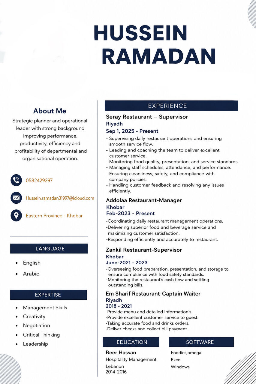 Riyadh, Job Seekers, Restaurant Supervisor
