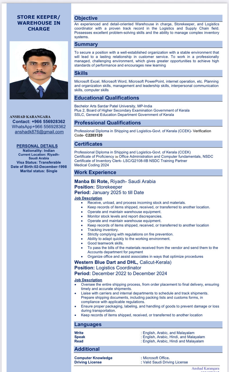 Riyadh, Job Seekers, Store Incharge Warhouse