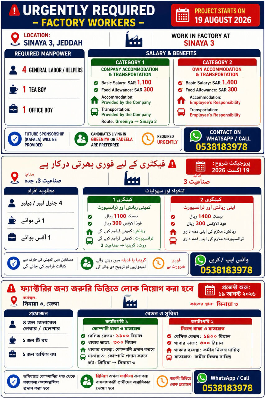 Jeddah, Jobs, Required General Labor, Tea Boy And Office Boy