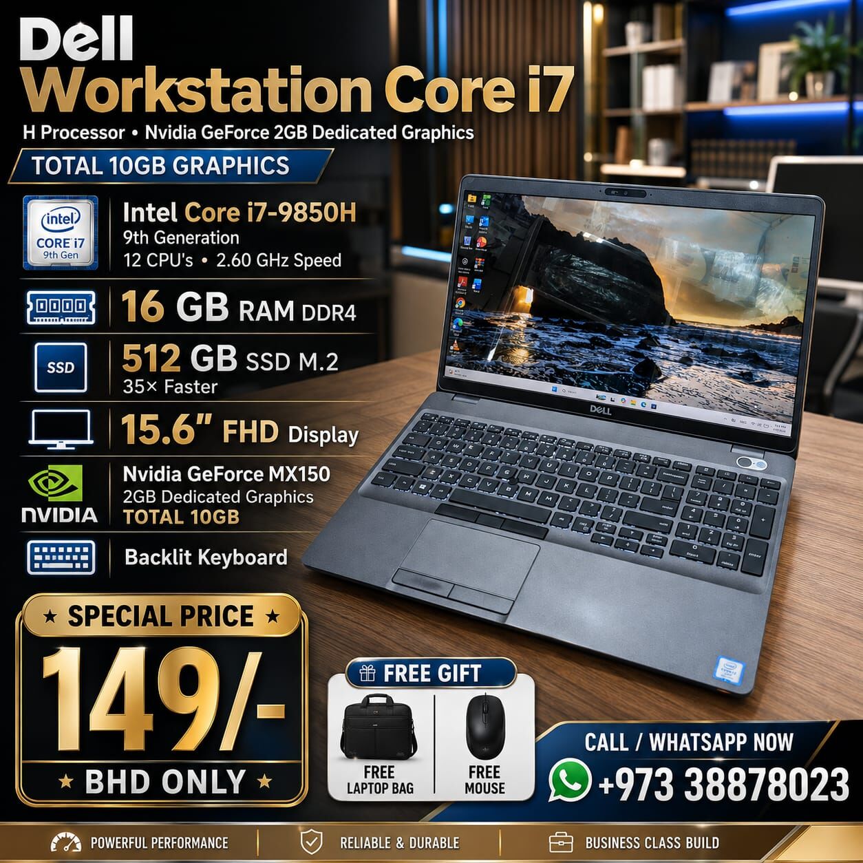 Manama, Computers, BHD 149,  DELL Workstation Core I7 (H Processor) 2GB Graphic (Total 10 GB) 16GB Ram 15.6" Display