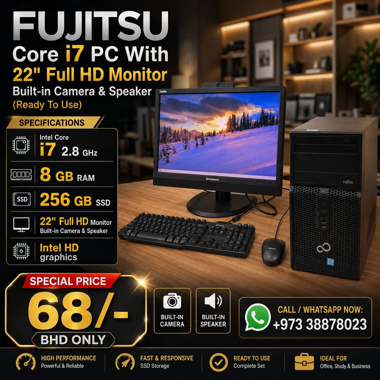 Manama, Computers, BHD 68,  Fujitsu Core I7 2.8GHz Computer RAM 8GB With 22" Full HD Monitor Built-in Camera, Speaker