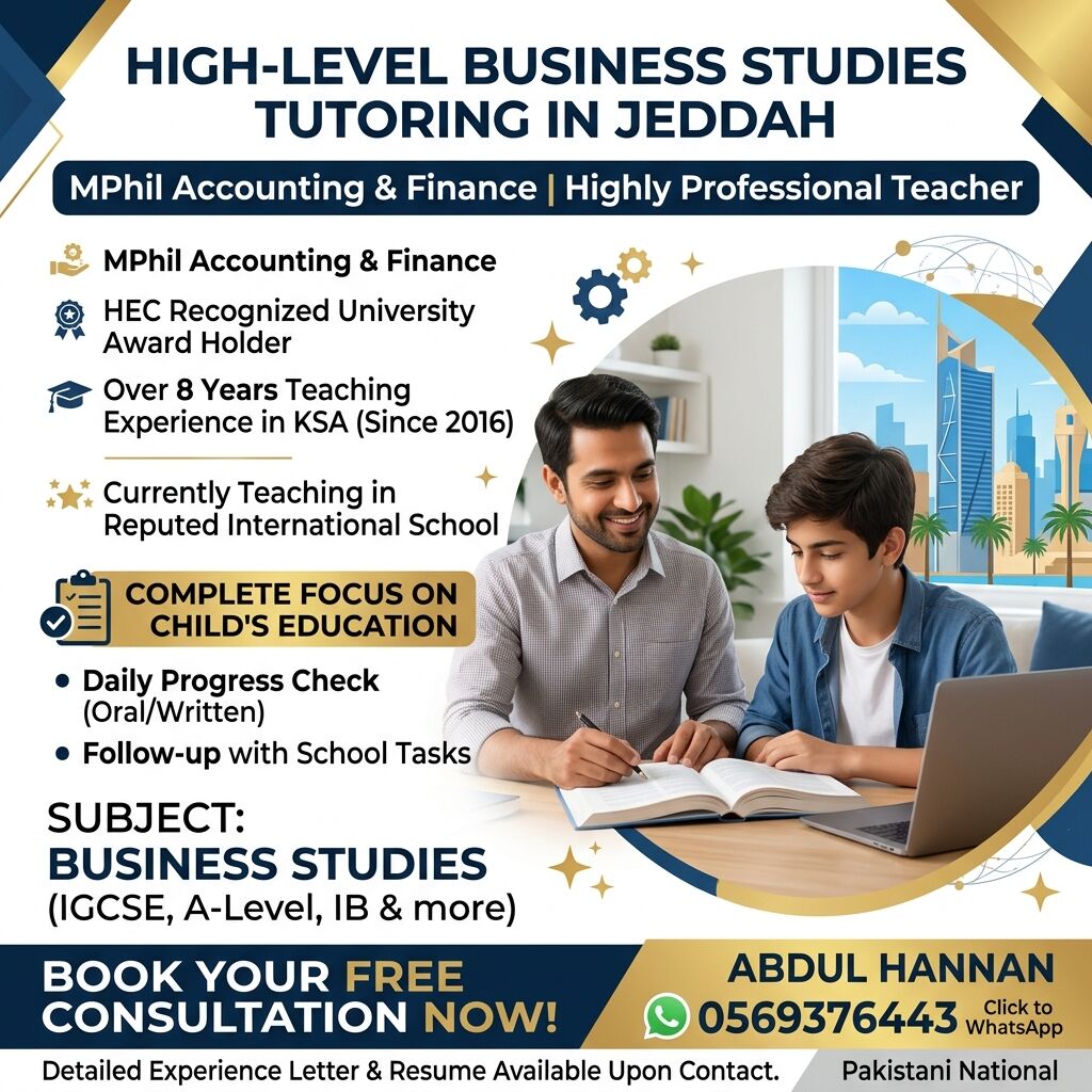 Jeddah, Lessons Offered, Business Studies IGCSE And A Levels Teacher