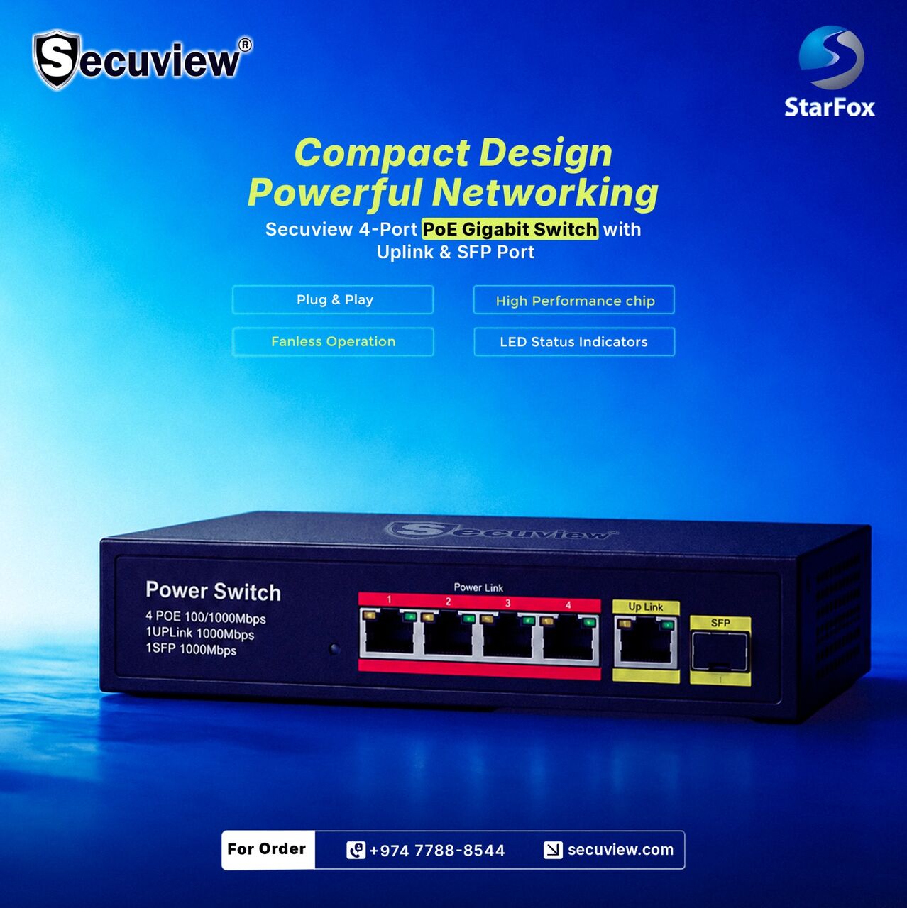Doha, Electronics, QAR 210,  Secuview 4-Port PoE Gigabit Switch With Uplink & SFP Port