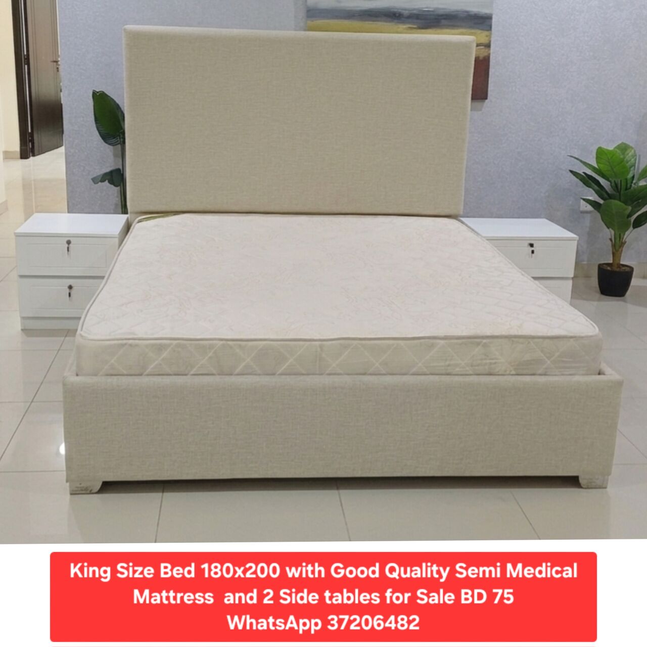 Manama, Furniture, BHD 75,  ✅️ King Size Bed With Good Quality Semi Medical Mattress & Side Table For Sale