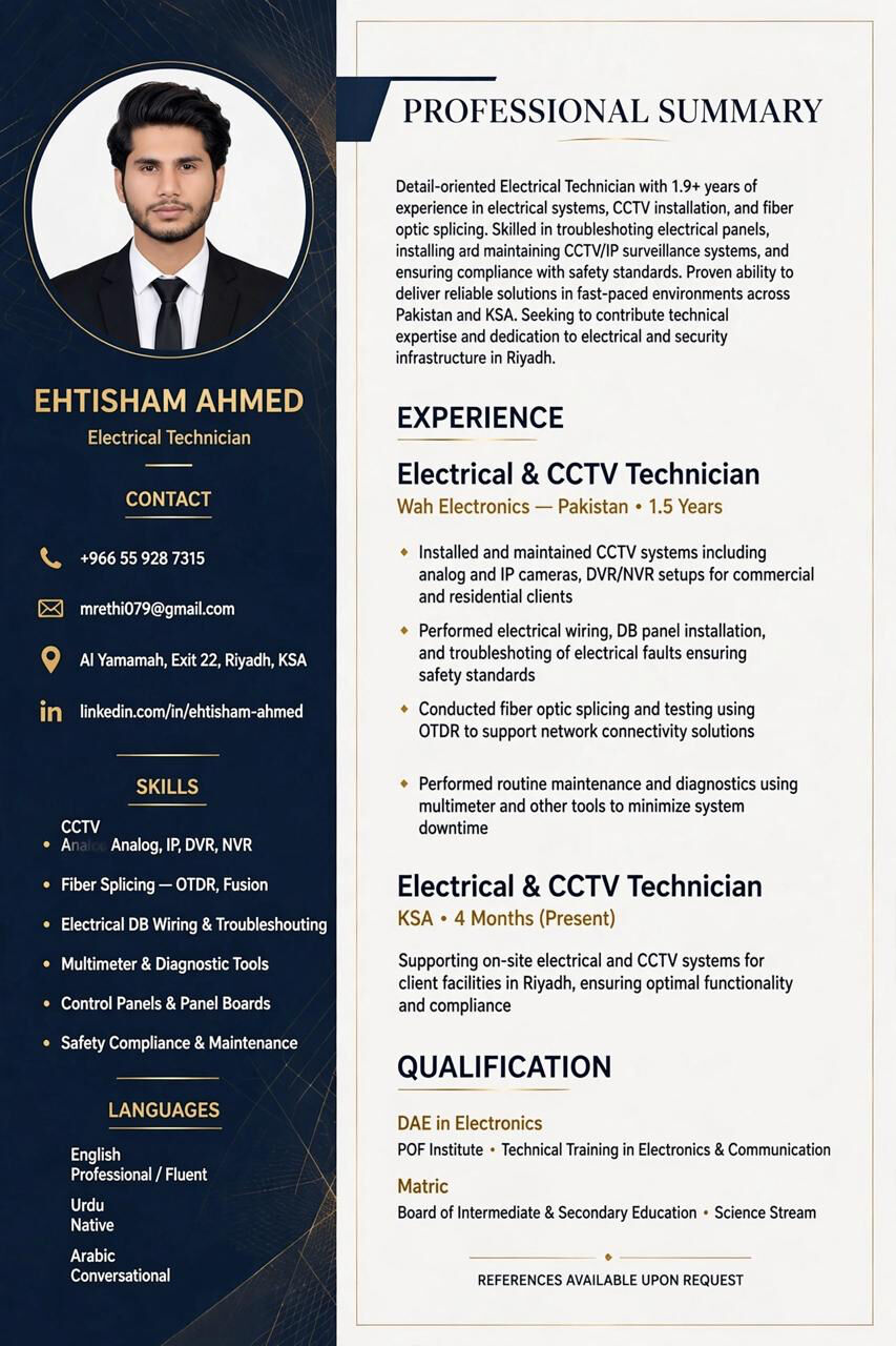 Riyadh, Job Seekers, CCTV Technician & Fiber Optic Technician Looking For Job In Riyadh
