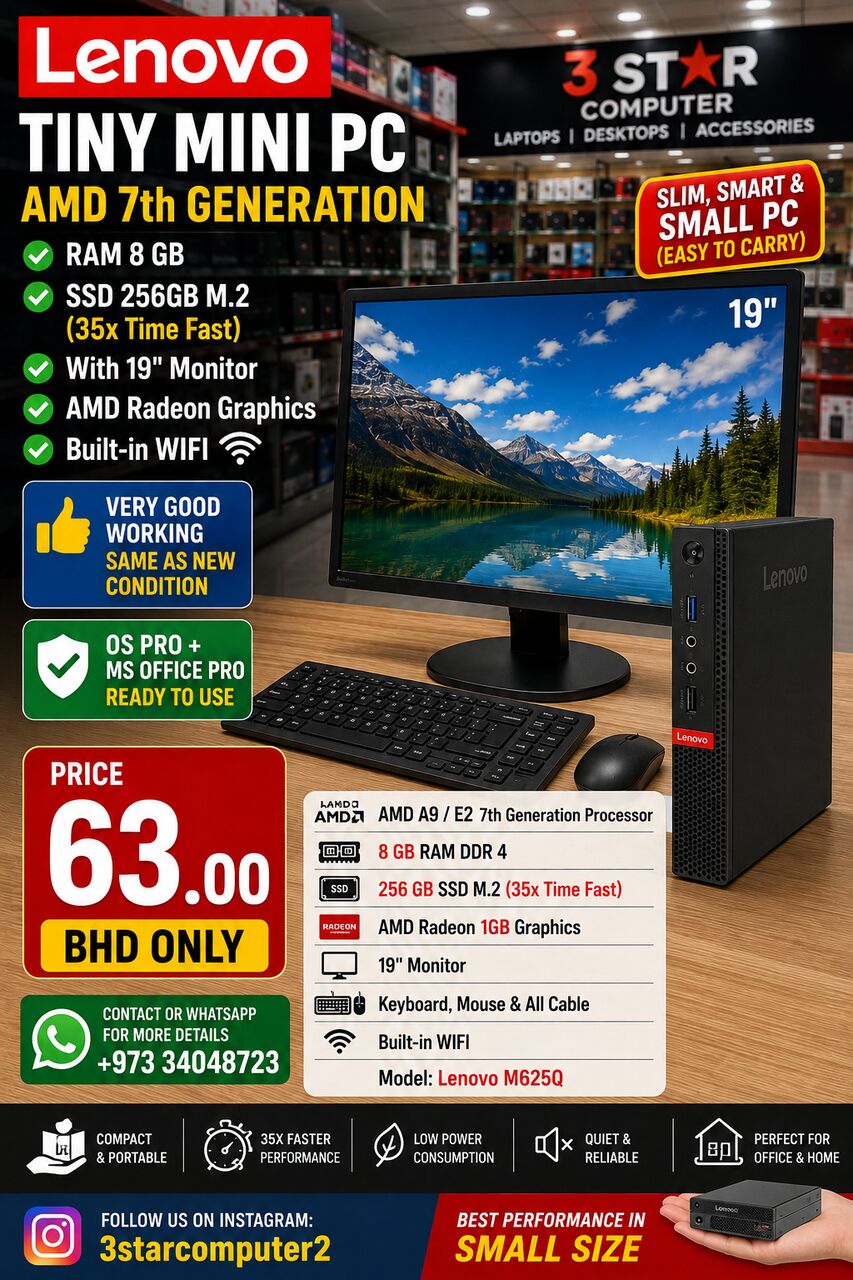 Manama, Computers, BHD 63,  Lenovo Tiny PC AMD 7th Gen RAM 8GB SSD 256GB M.2 1GB Graphics With 19" Mon Built-in WIFI