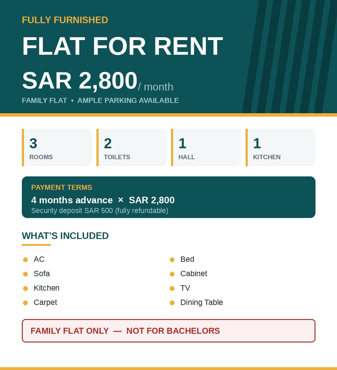 Jubail, Appliances, SAR 2800,  3BHK Furnished FAMILY Apartment Near Kims Hospital