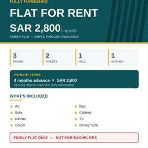 SAR 2800, 3BHK Furnished FAMILY Apartment Near Kims Hospital